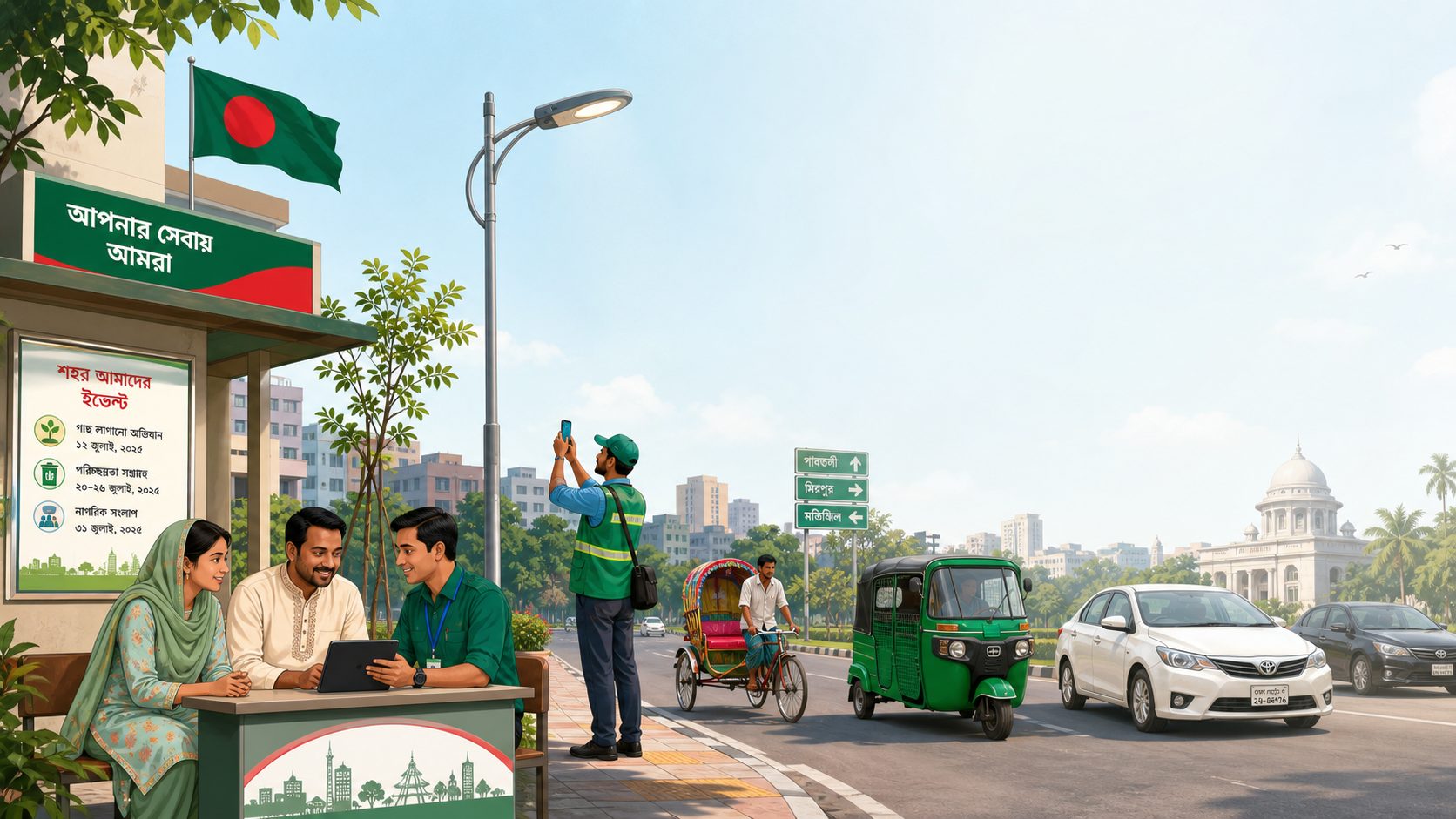 AI-generated representative Bangladesh community service desk, municipal field worker, rickshaw and CNG