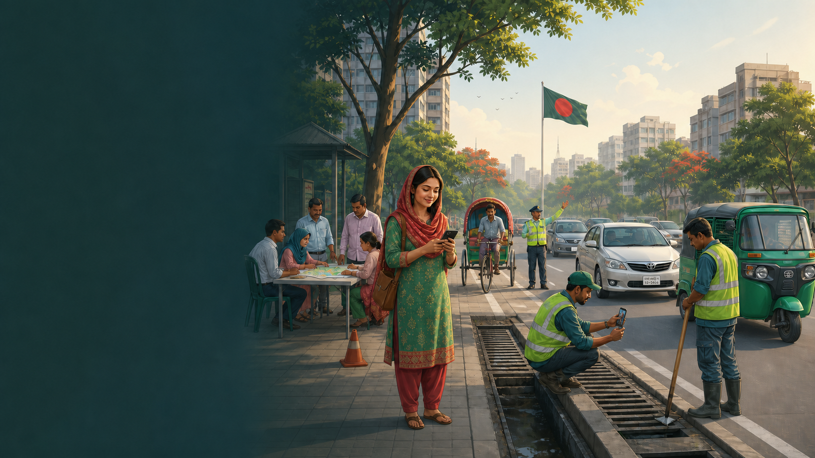 AI-generated representative Bangladesh public-service day with resident reporting, visible field work and civic planning