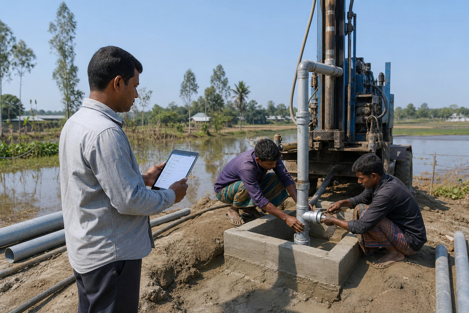 Field supervisor recording a flood-recovery tube-well installation on a tablet in rural Bangladesh