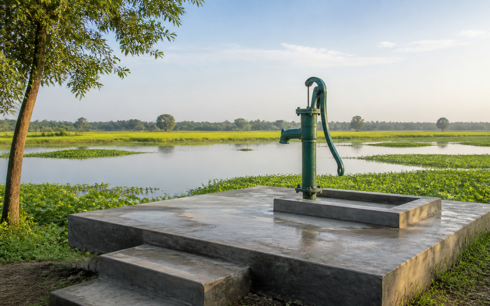 Representative raised water point beside a Bangladesh floodplain