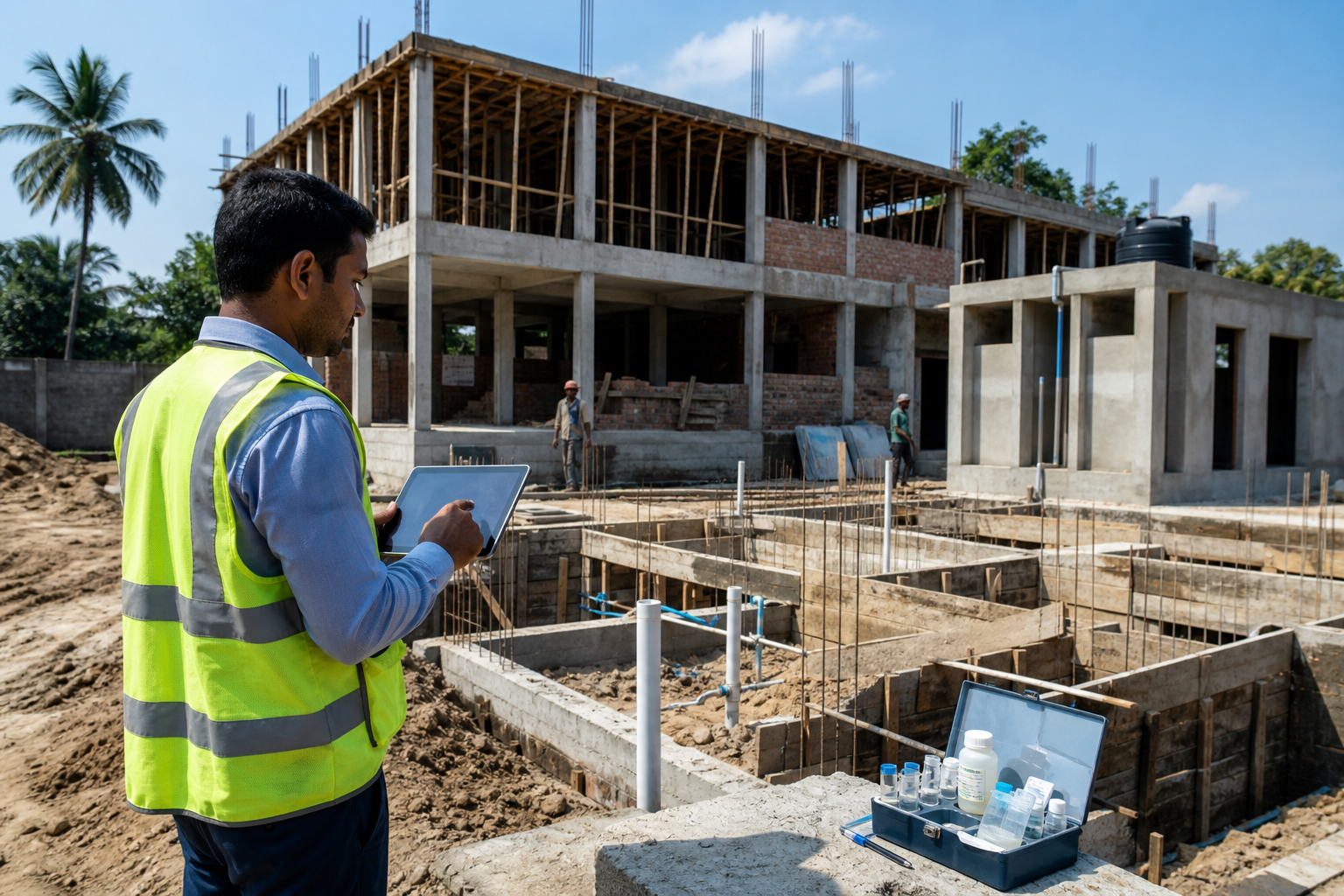 Field monitor recording progress at a school WASH construction site with quality-testing equipment