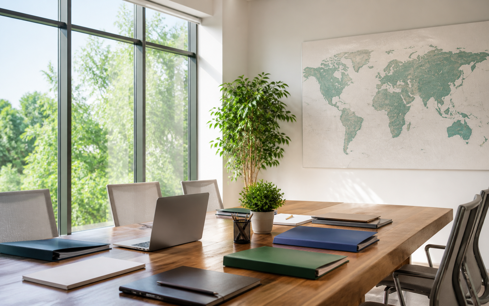 Representative bright fellowship administration workspace with programme materials and a world map