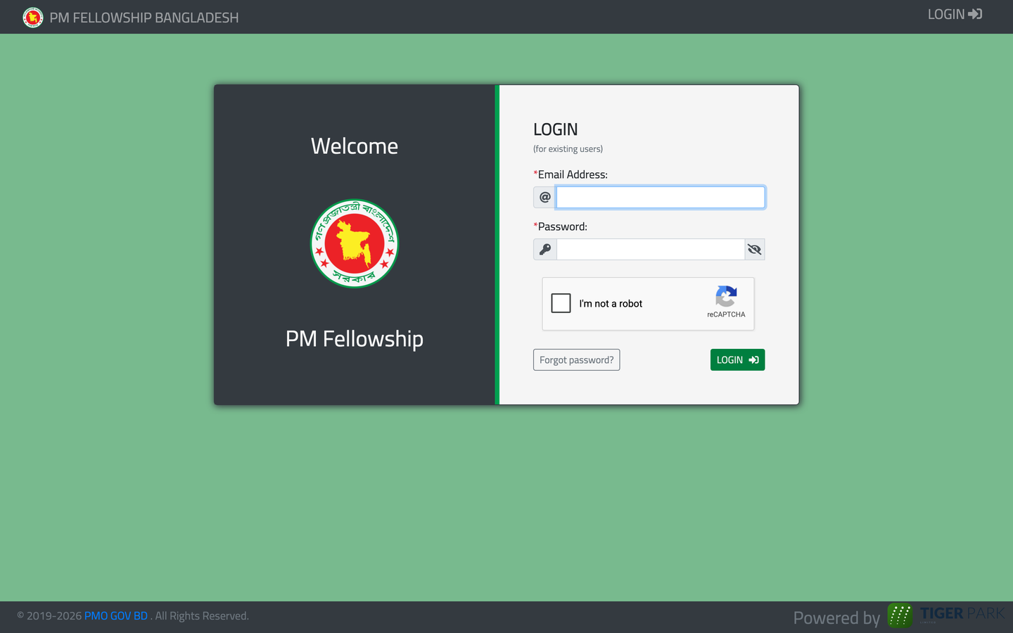 The live PM Fellowship login screen at pmfellowship.pmo.gov.bd, showing the Bangladesh national emblem and a Tiger Park footer credit