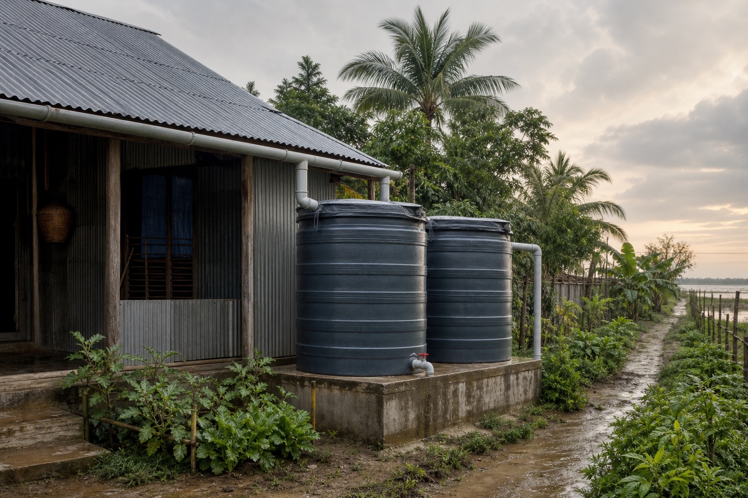 Representative coastal rainwater-harvesting installation with roof gutters, storage tanks and an accessible tap