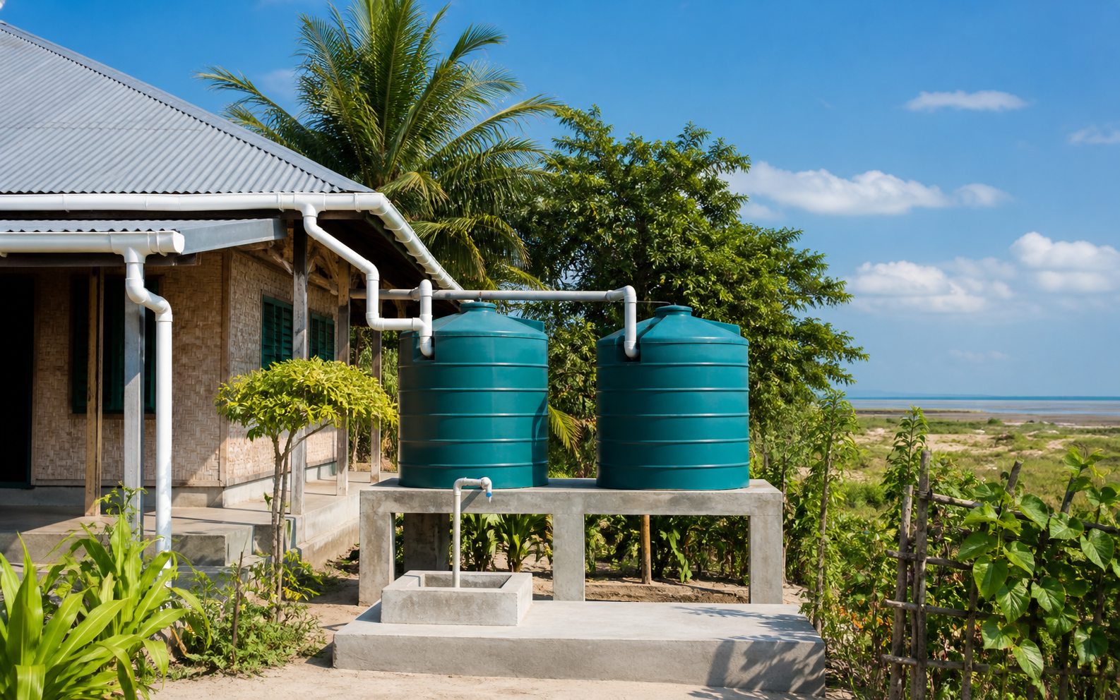 Representative bright coastal rainwater-harvesting installation with roof gutters, storage tanks and a tap