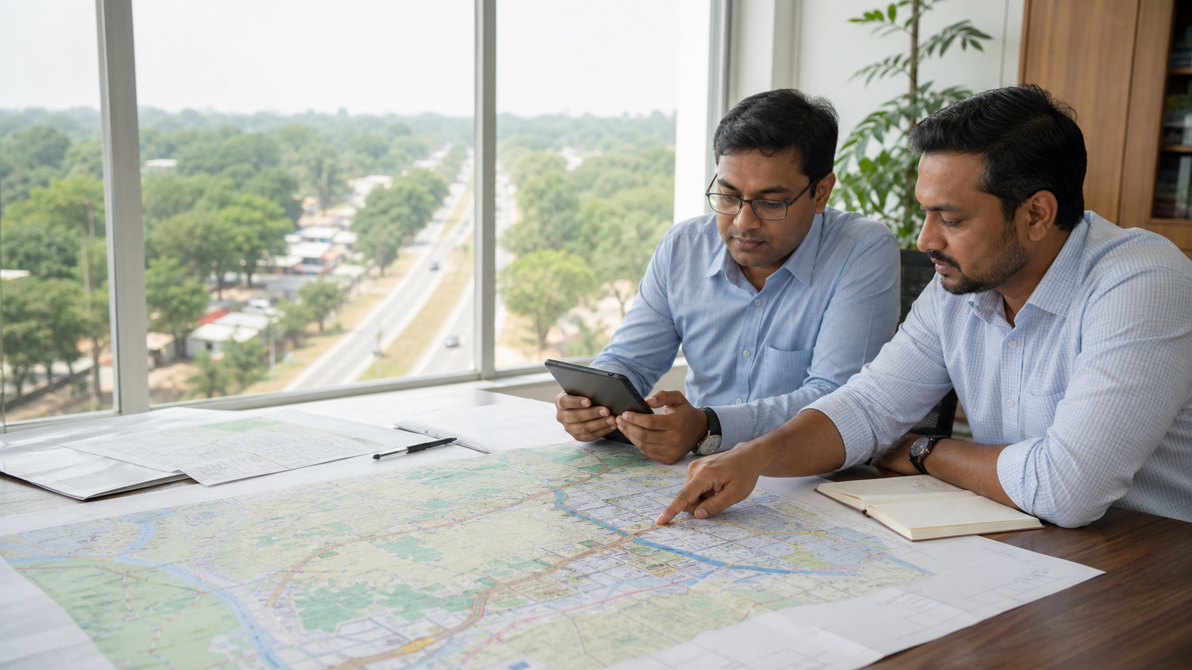 Representative RHD road-corridor planning review with maps and a tablet