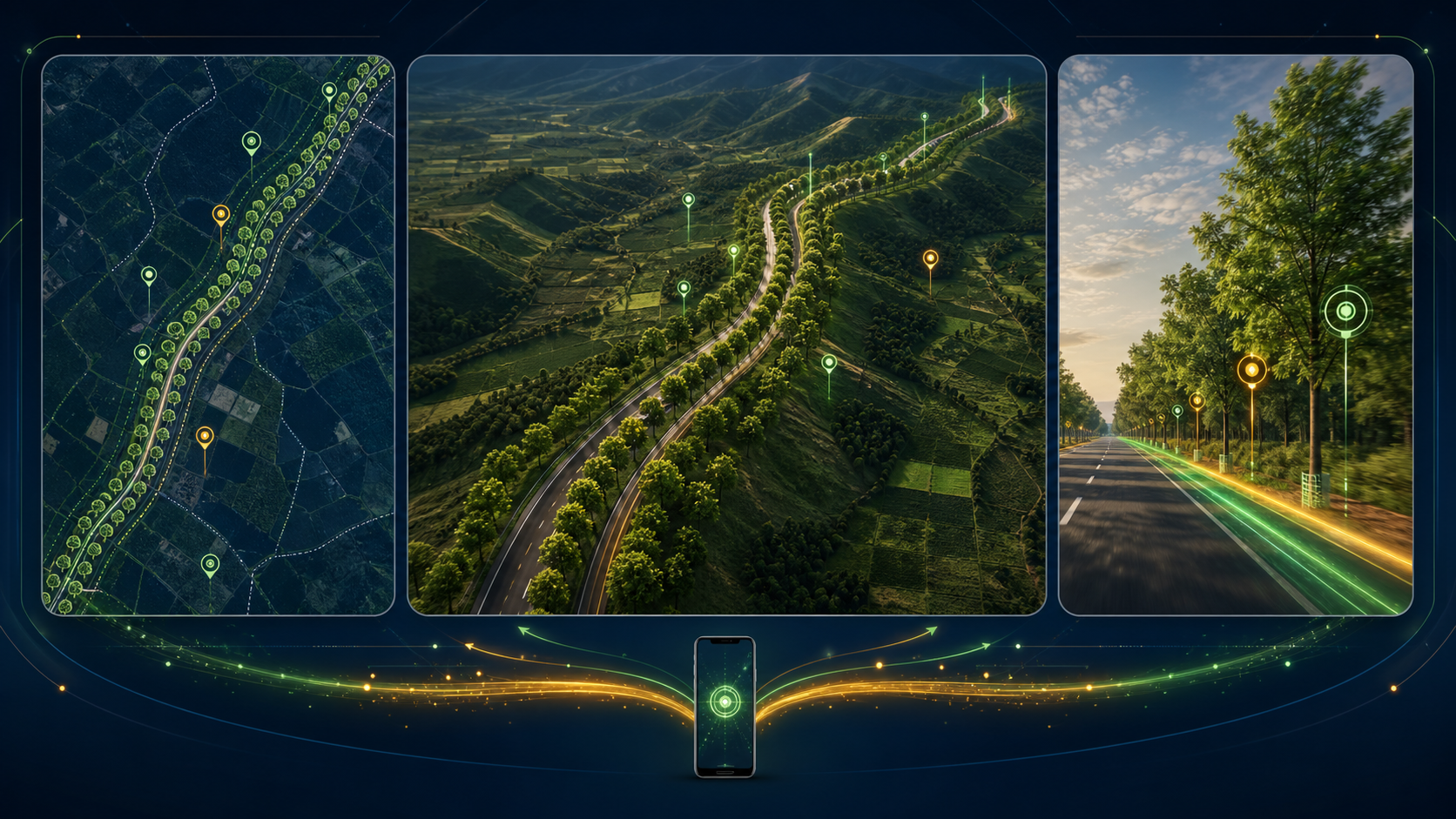 AI-generated conceptual visual showing 2D, 3D and road-level tour views of a planted road corridor
